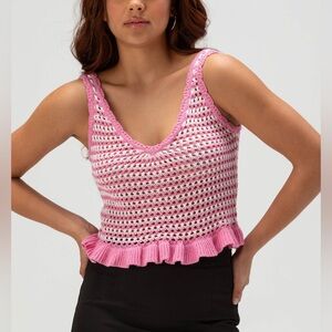 Tilly's Pink & White Crochet V-Neck Ruffle Hem Crop Tank